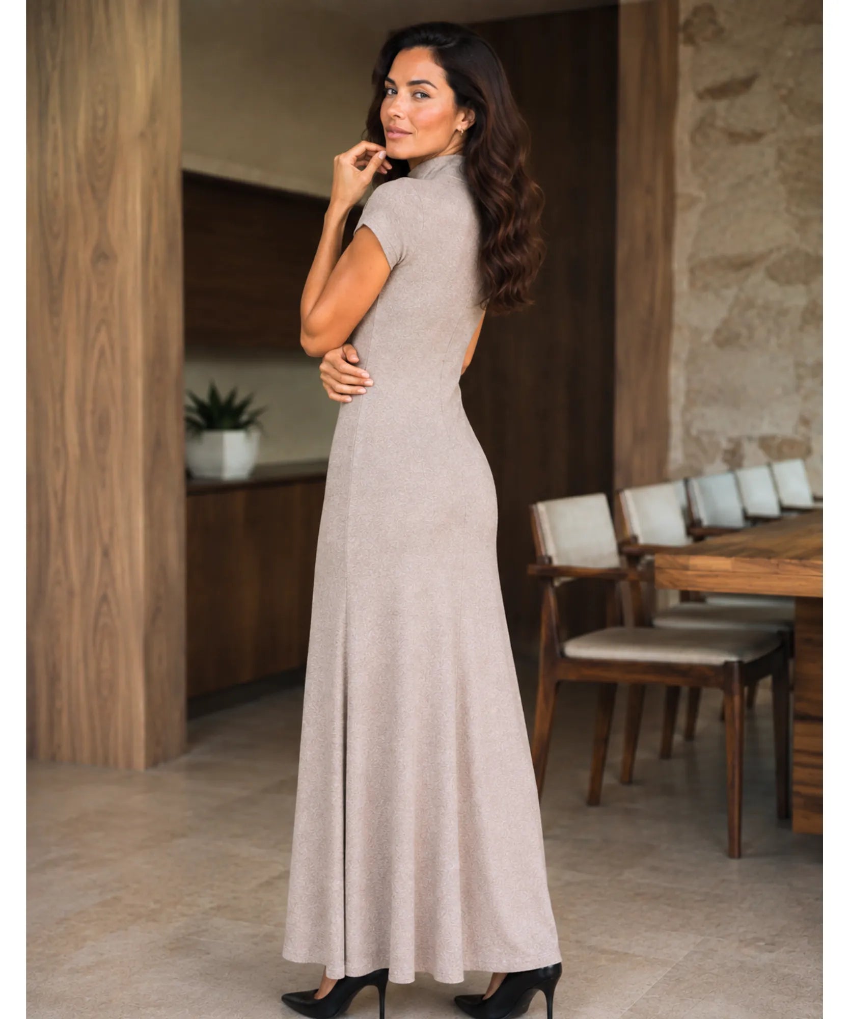 Comprar vestido longo malha canelada gola alta elegante para o dia a dia e trabalho em promoção ANELLIMN