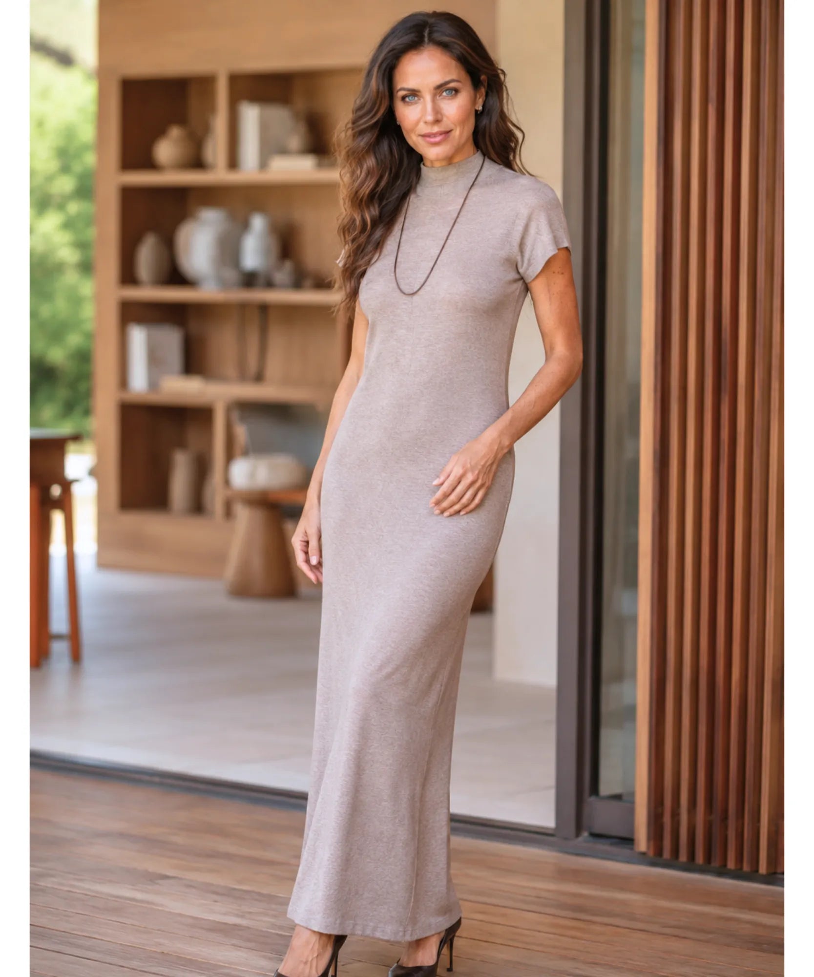 Comprar vestido longo malha canelada gola alta elegante para o dia a dia e trabalho em promoção ANELLIMN