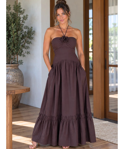 Vestido longo marrom feminino de corpo inteiro com bolsos frontais