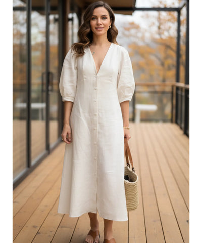 Vestido Midi Off White Feminino Linho Verão | Massie