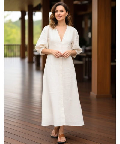 Vestido Midi Off White Feminino Linho Verão | Massie