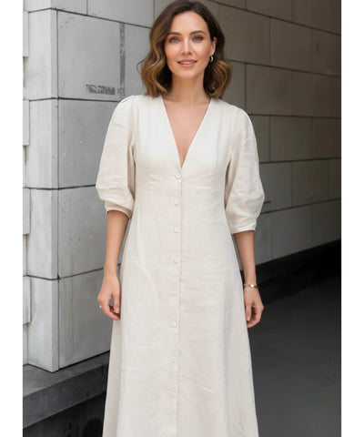 Vestido Midi Off White Feminino Linho Verão | Massie