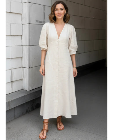 Comprar vestido midi off white feminino linho botões frontais decote costas casamento trabalho barato promoção ZARA
