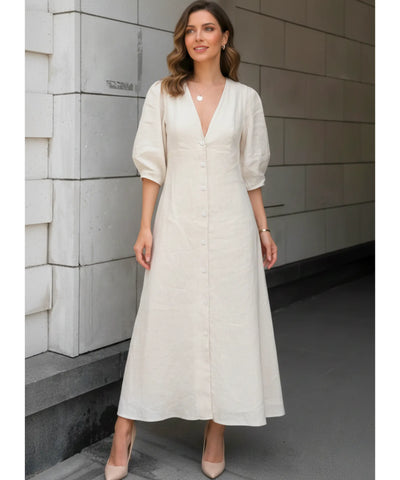 Vestido Midi Off White Feminino Linho Verão | Massie