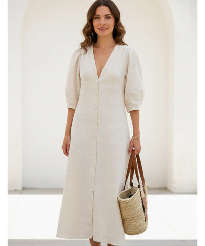 Vestido Midi Off White Feminino Linho Verão | Massie