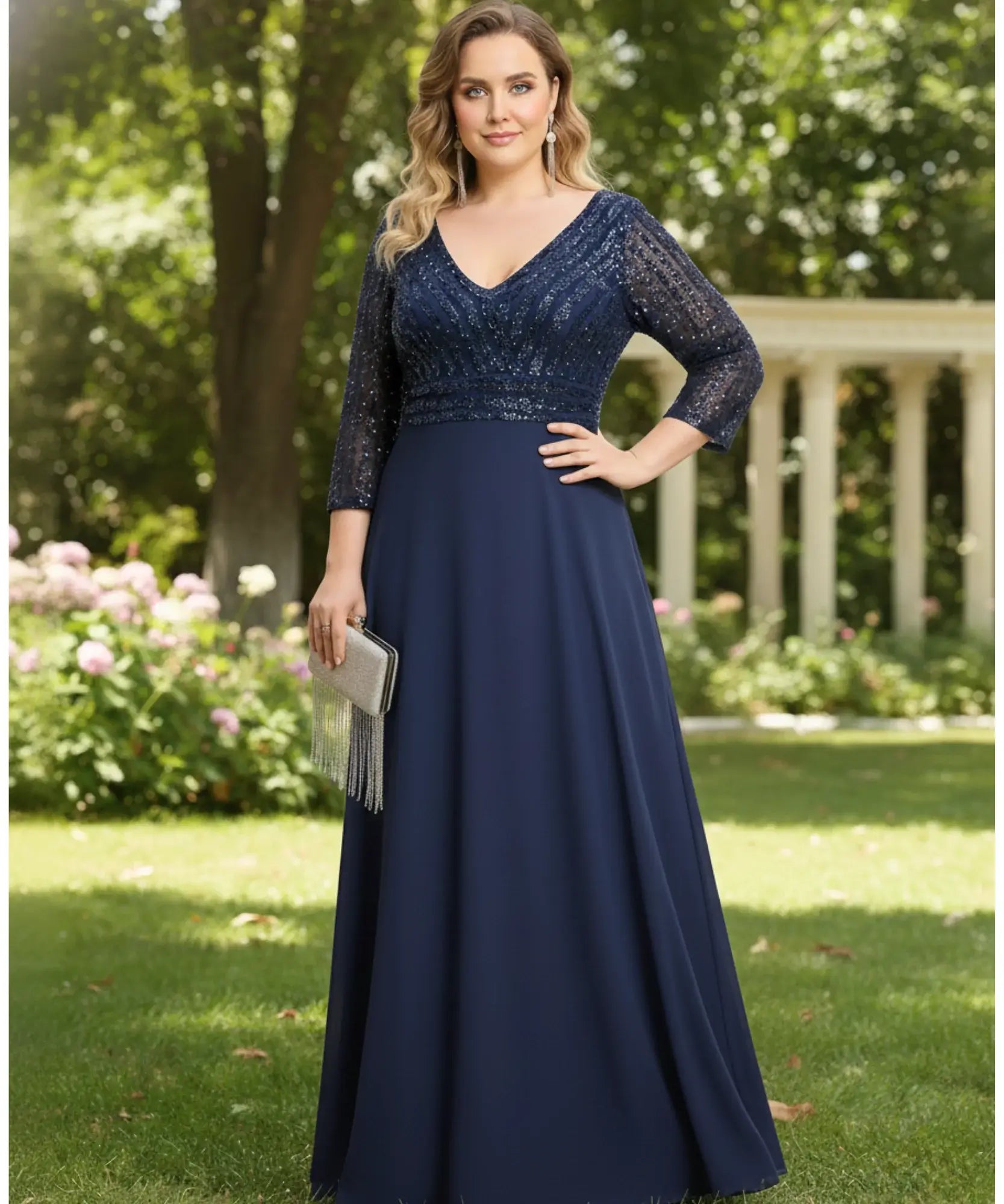 Comprar vestido longo festa paetê verde esmeralda manga 3/4 decote V para madrinha formatura casamento plus size barato em promoção
