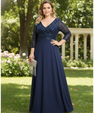 Comprar vestido longo festa paetê verde esmeralda manga 3/4 decote V para madrinha formatura casamento plus size barato em promoção