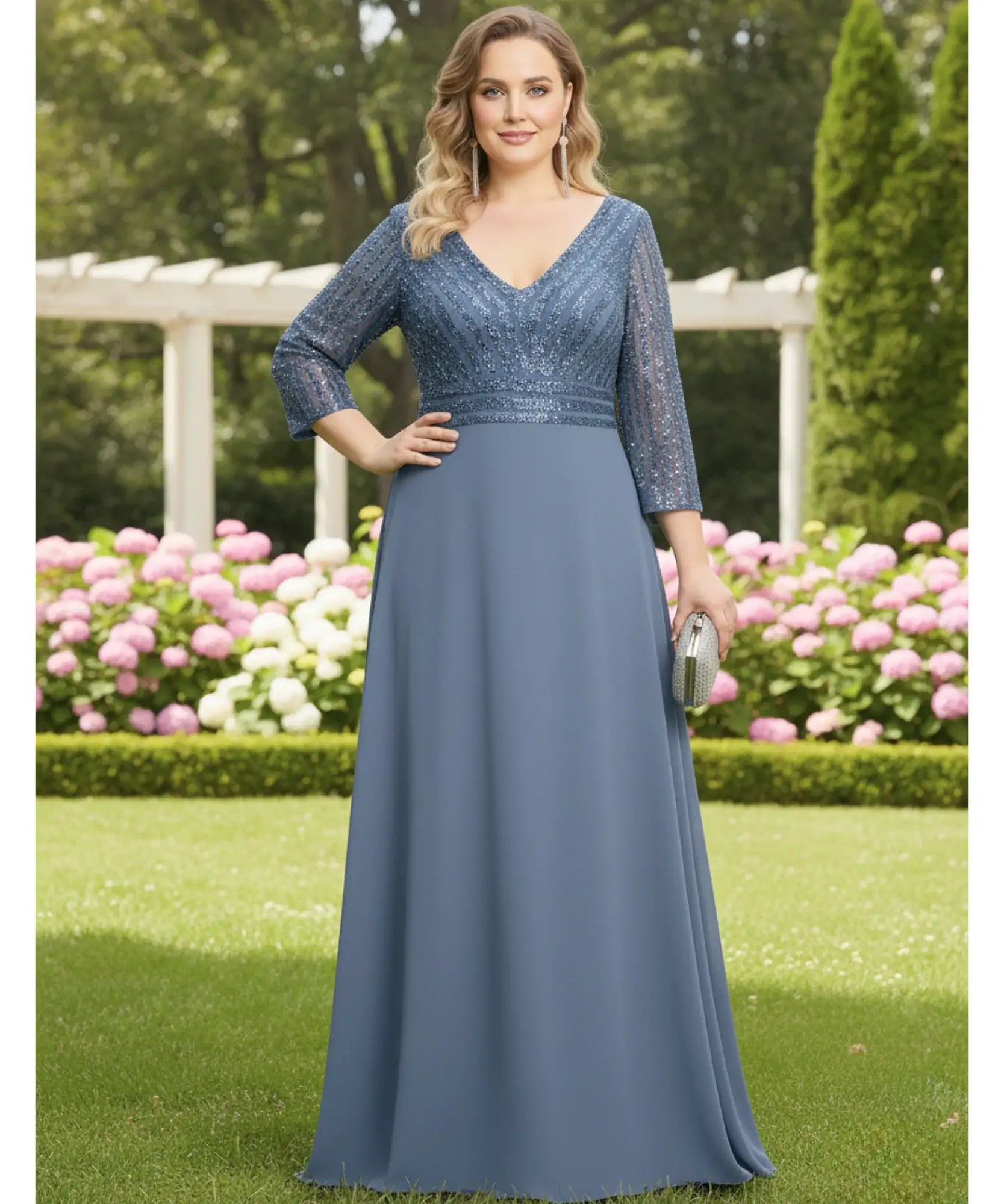 Comprar vestido longo festa paetê verde esmeralda manga 3/4 decote V para madrinha formatura casamento plus size barato em promoção