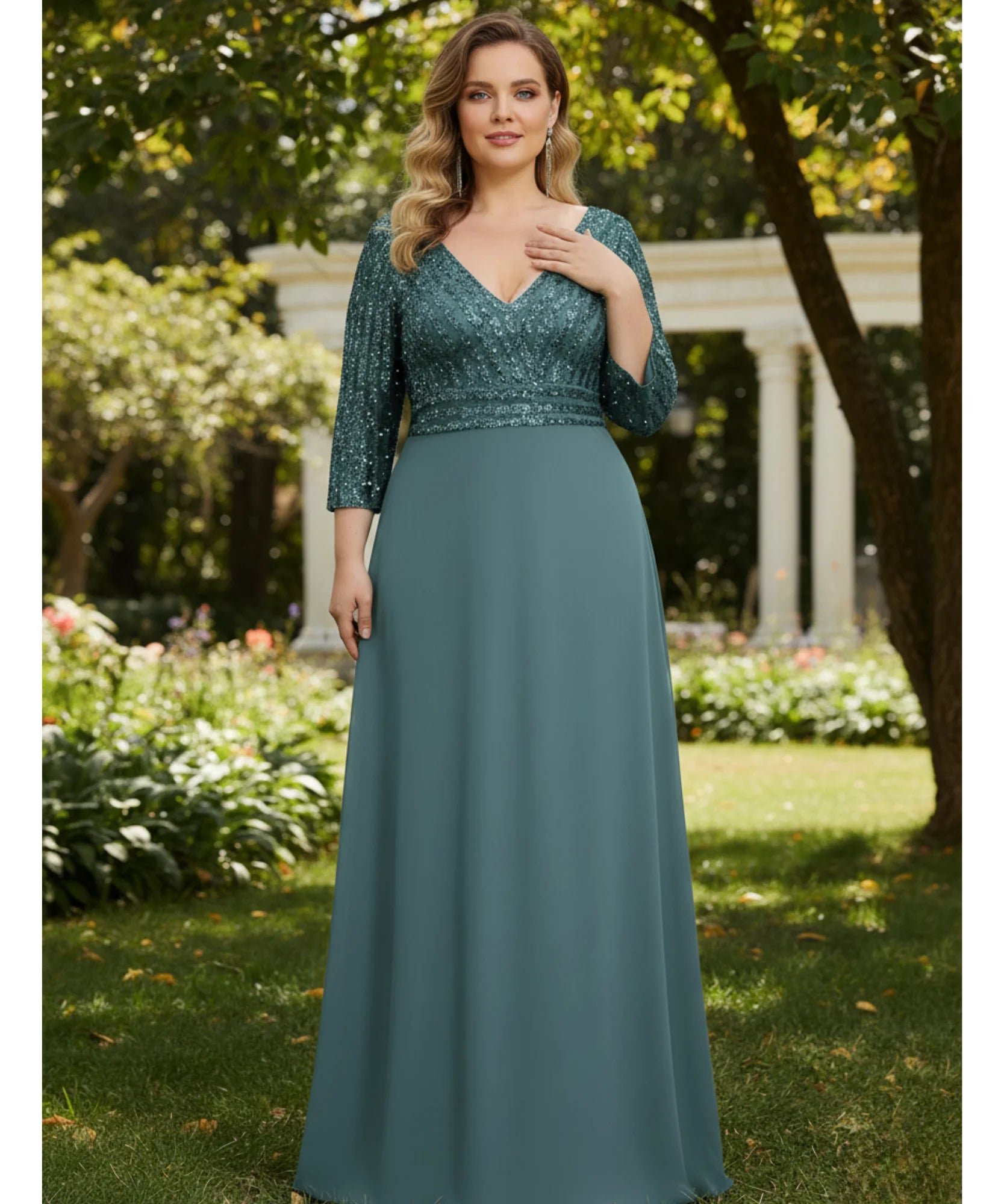 Comprar vestido longo festa paetê verde esmeralda manga 3/4 decote V para madrinha formatura casamento plus size barato em promoção