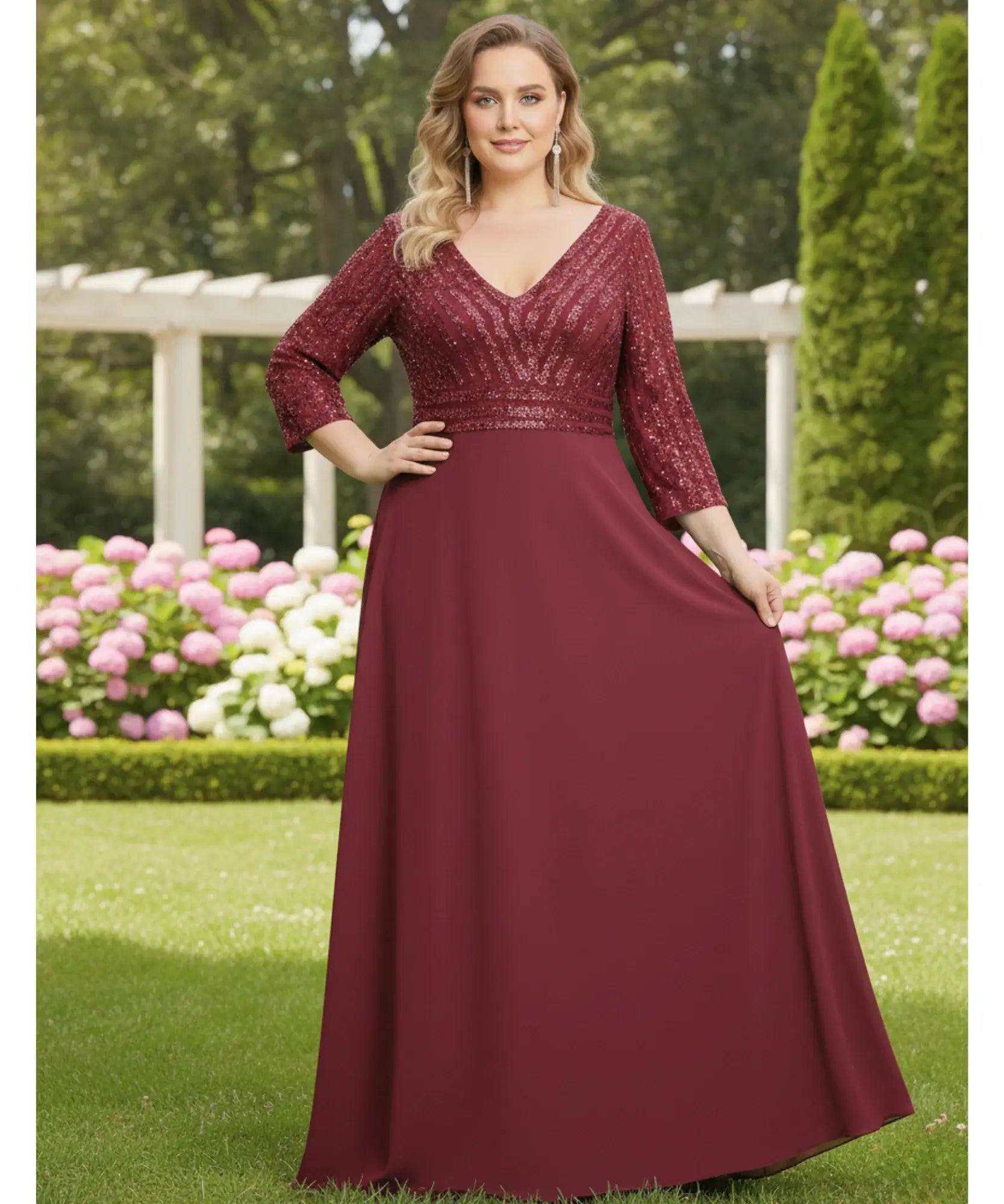 Comprar vestido longo festa paetê verde esmeralda manga 3/4 decote V para madrinha formatura casamento plus size barato em promoção