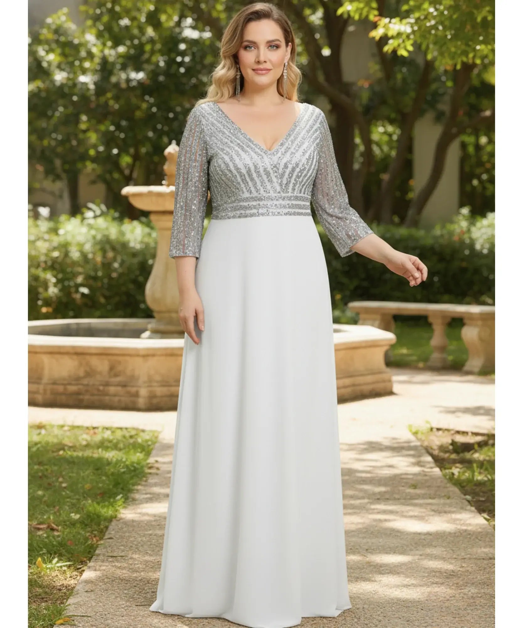 Comprar vestido longo festa paetê verde esmeralda manga 3/4 decote V para madrinha formatura casamento plus size barato em promoção