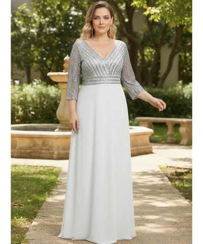Comprar vestido longo festa paetê verde esmeralda manga 3/4 decote V para madrinha formatura casamento plus size barato em promoção