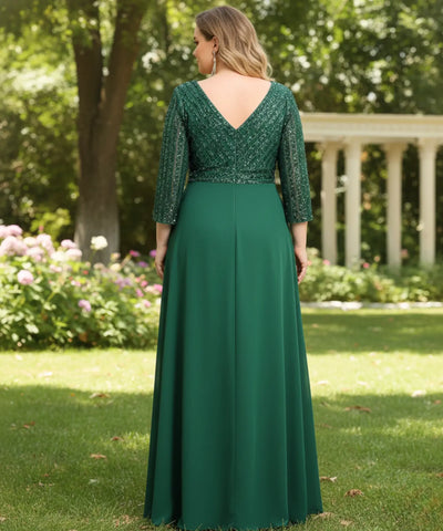 Comprar vestido longo festa paetê verde esmeralda manga 3/4 decote V para madrinha formatura casamento plus size barato em promoção