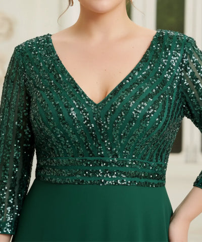 Comprar vestido longo festa paetê verde esmeralda manga 3/4 decote V para madrinha formatura casamento plus size barato em promoção