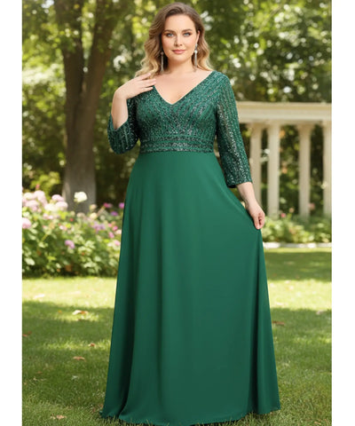 Comprar vestido longo festa paetê verde esmeralda manga 3/4 decote V para madrinha formatura casamento plus size barato em promoção