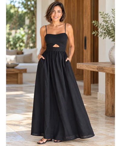 Vestido longo preto elegante, vista de frente com recorte na cintura