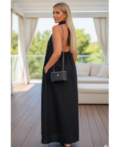 Comprar Vestido Longo Preto Feminino Elegante com Gola Botões Amarração Cintura barato em promoção ZARA