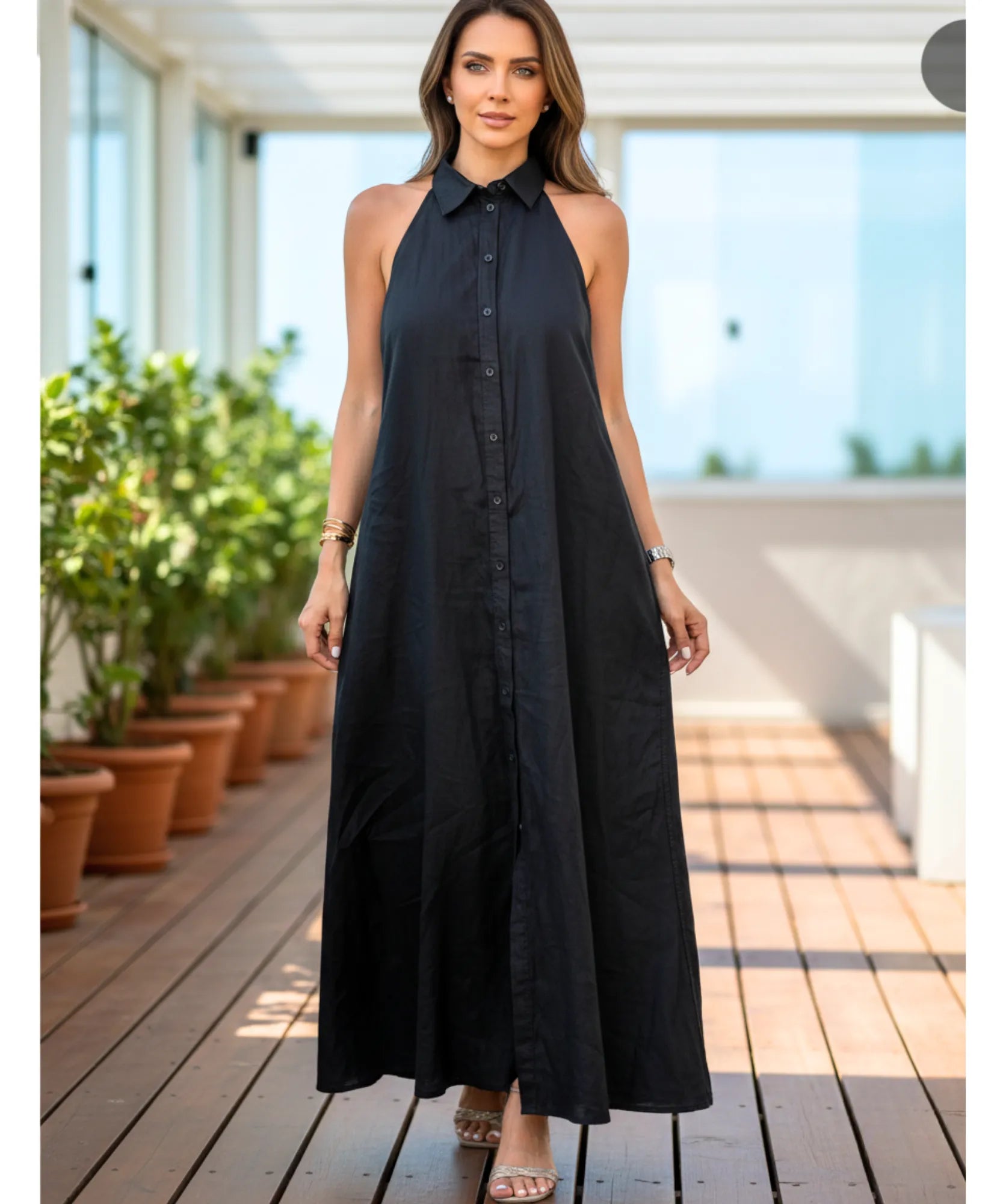 Comprar Vestido Longo Preto Feminino Elegante com Gola Botões Amarração Cintura barato em promoção ZARA