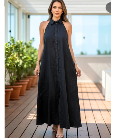 Comprar Vestido Longo Preto Feminino Elegante com Gola Botões Amarração Cintura barato em promoção ZARA