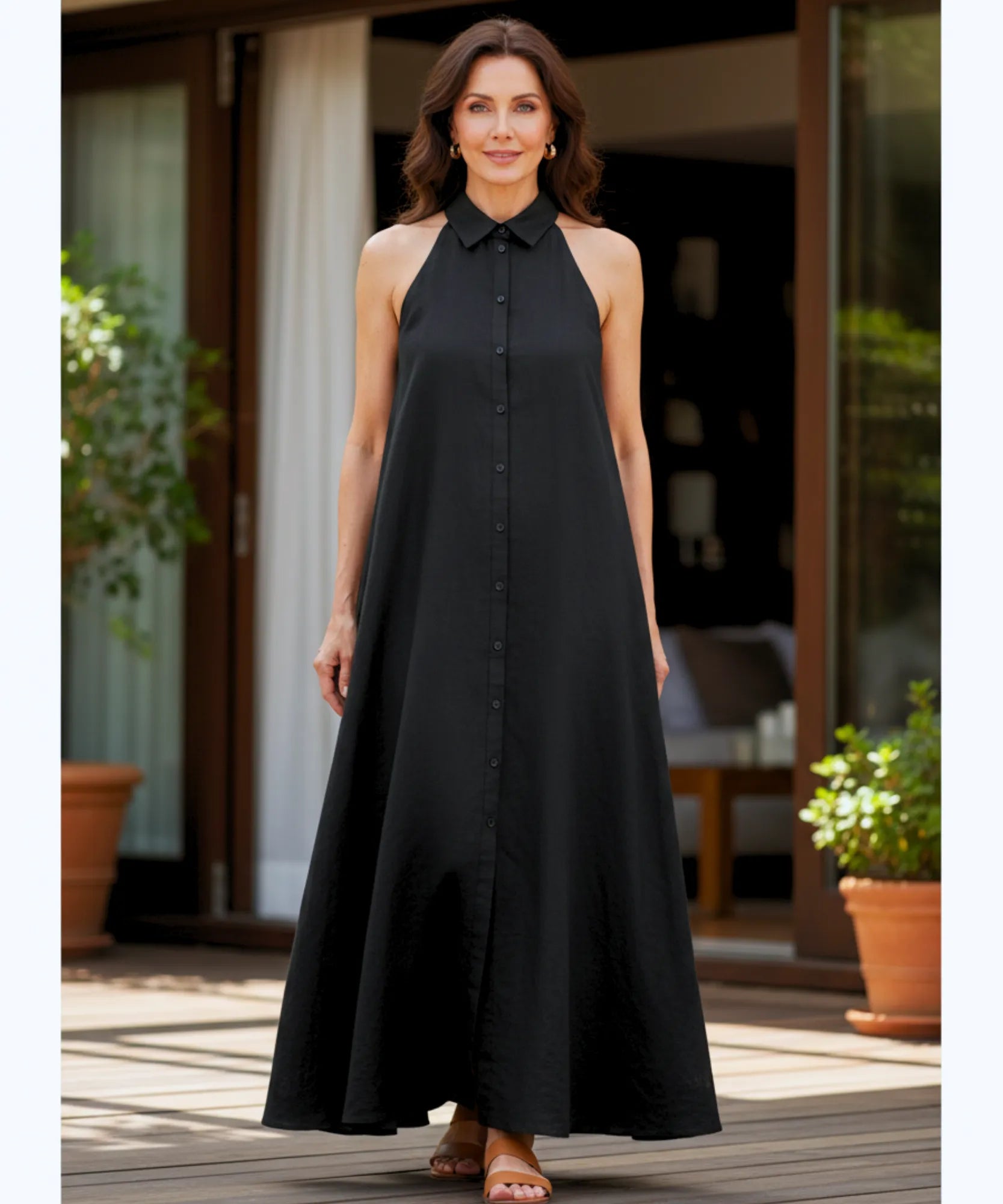 Comprar Vestido Longo Preto Feminino Elegante com Gola Botões Amarração Cintura barato em promoção ZARA