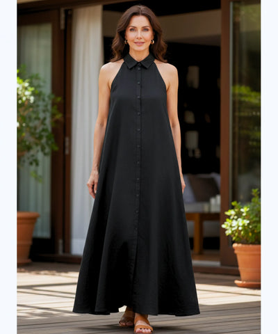 Comprar Vestido Longo Preto Feminino Elegante com Gola Botões Amarração Cintura barato em promoção ZARA