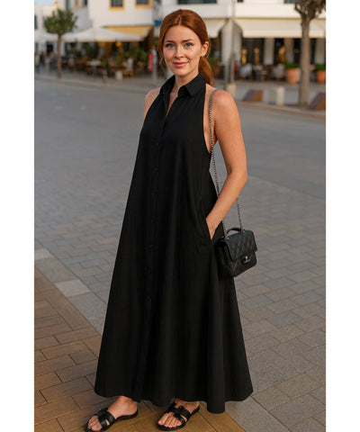 Comprar Vestido Longo Preto Feminino Elegante com Gola Botões Amarração Cintura barato em promoção ZARA

