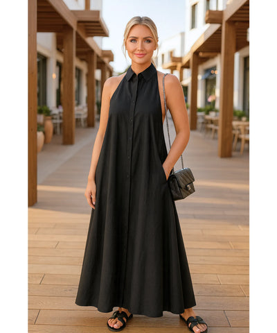 Comprar Vestido Longo Preto Feminino Elegante com Gola Botões Amarração Cintura barato em promoção ZARA

