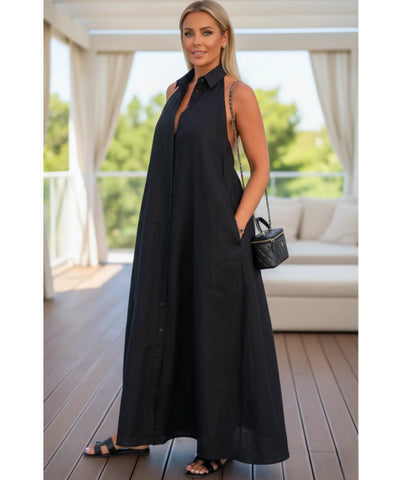 Comprar Vestido Longo Preto Feminino Elegante com Gola Botões Amarração Cintura barato em promoção ZARA