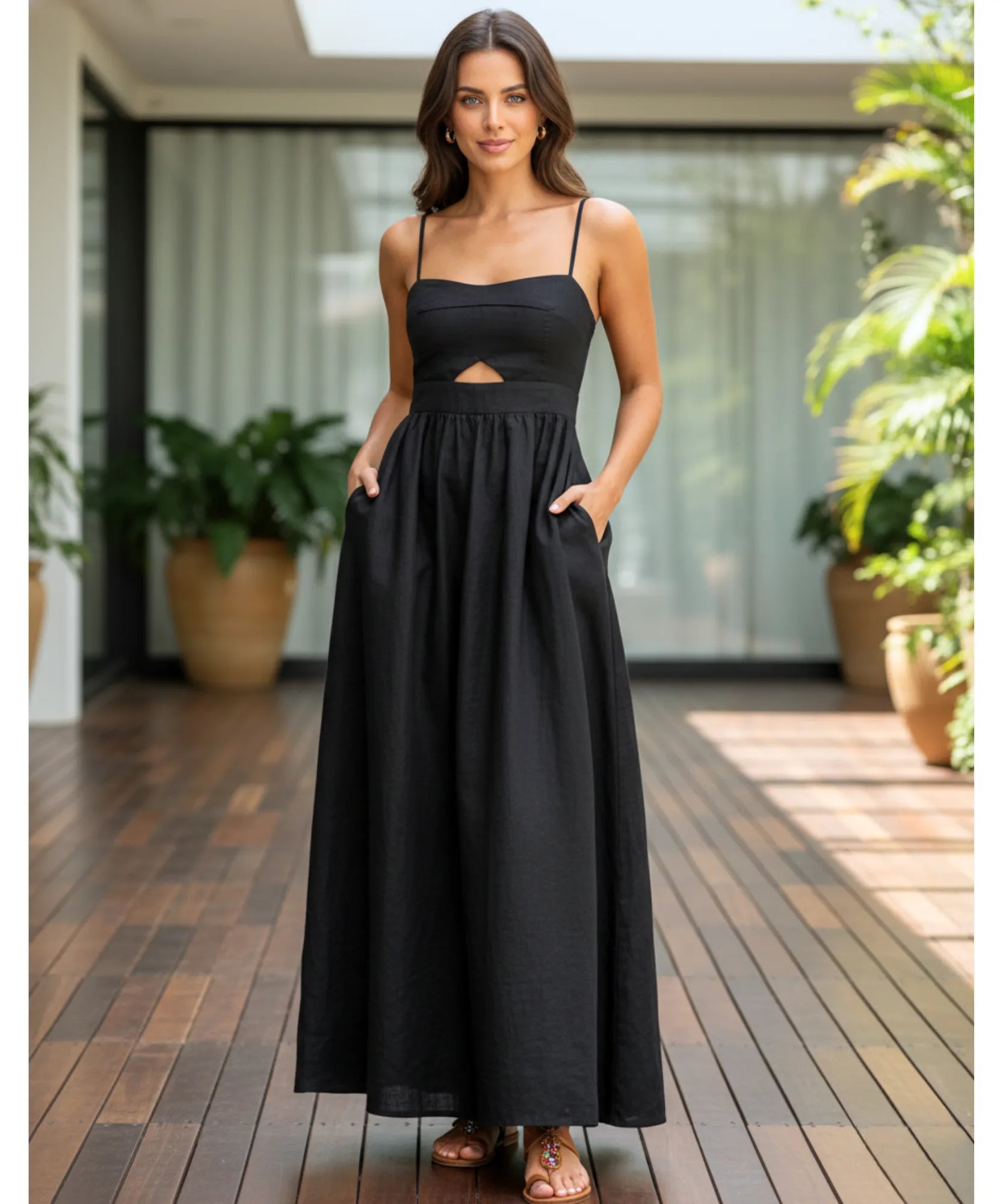 Comprar vestido longo preto feminino malha premium com recorte na cintura para festa casamento civil barato promoção ZARA
