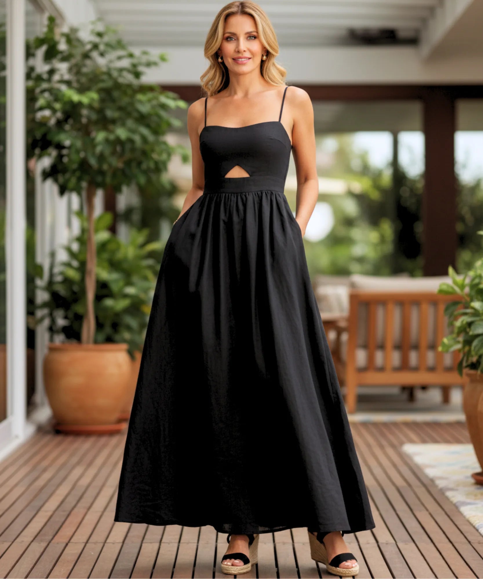 Comprar vestido longo preto feminino malha premium com recorte na cintura para festa casamento civil barato promoção ZARA
