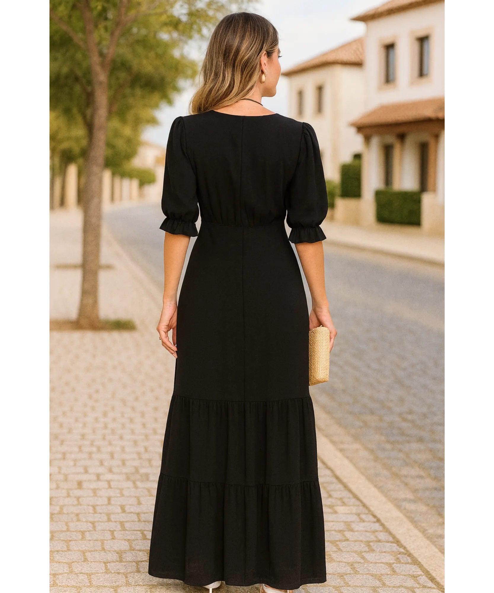 Comprar vestido longo preto feminino manga curta babados elegante para festa social barato em promoção ZARA

