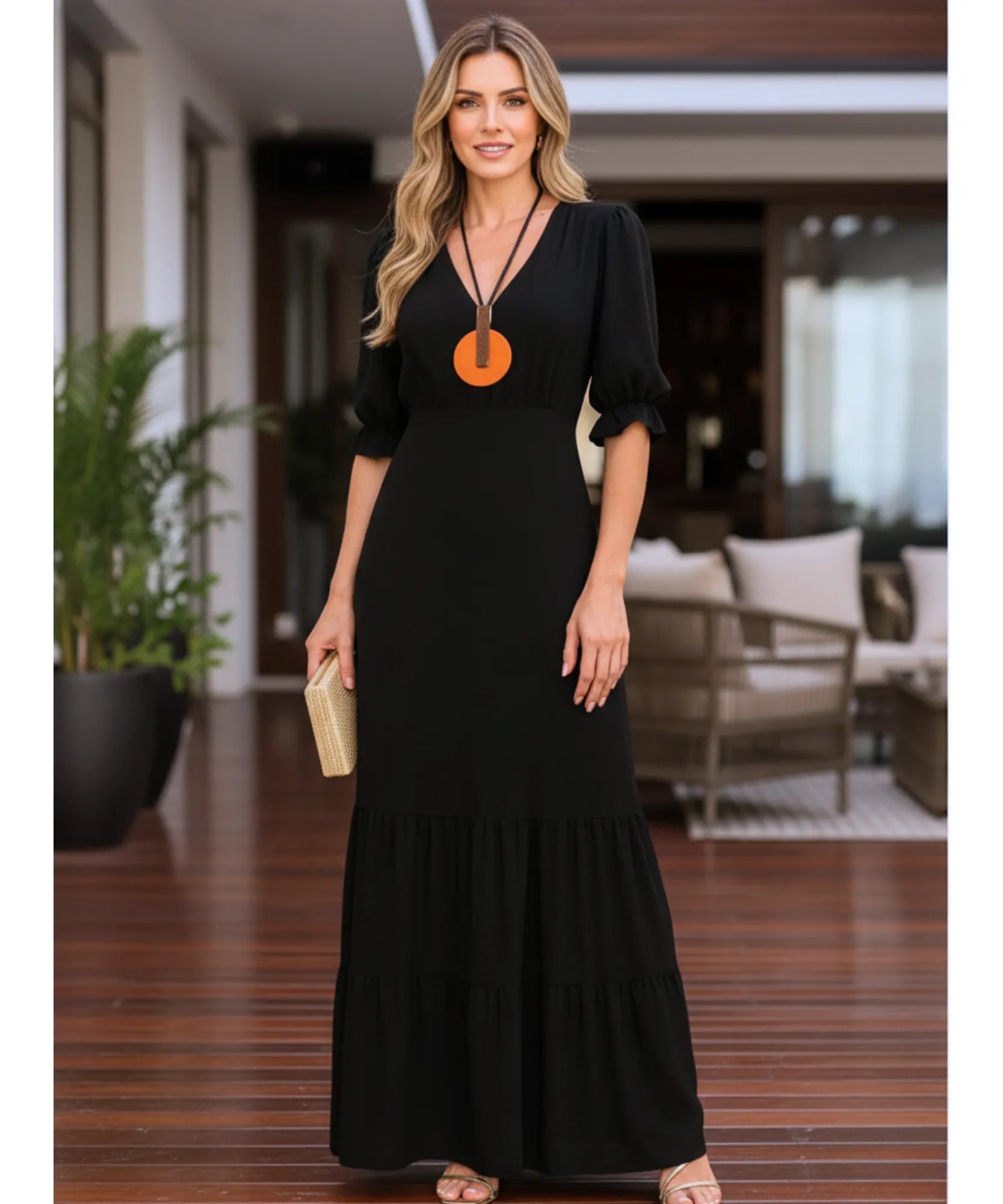 Comprar vestido longo preto feminino manga curta babados elegante para festa social barato em promoção ZARA
