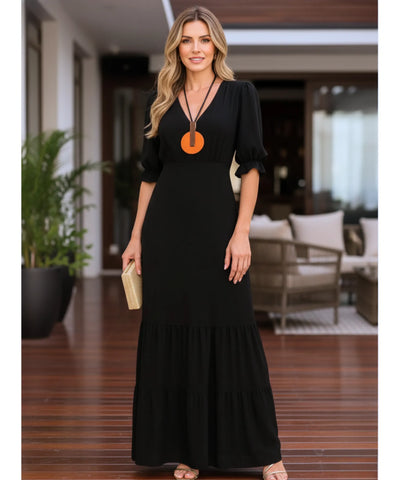 Comprar vestido longo preto feminino manga curta babados elegante para festa social barato em promoção ZARA