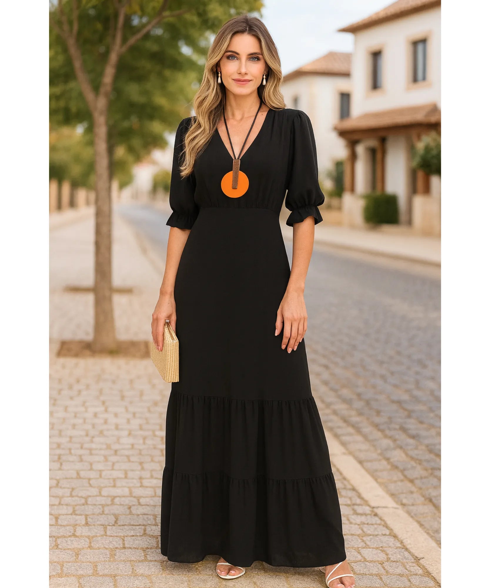 Comprar vestido longo preto feminino manga curta babados elegante para festa social barato em promoção ZARA

