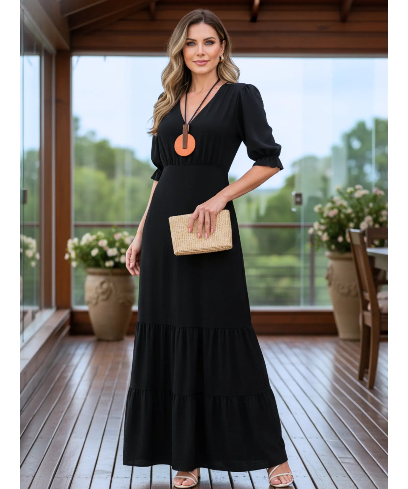 Comprar vestido longo preto feminino manga curta babados elegante para festa social barato em promoção ZARA
