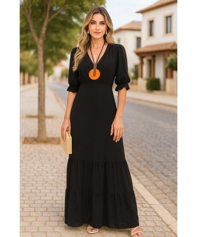 Comprar vestido longo preto feminino manga curta babados elegante para festa social barato em promoção ZARA

