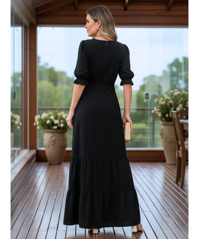 Comprar vestido longo preto feminino manga curta babados elegante para festa social barato em promoção ZARA