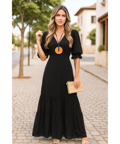 Vestido Longo Preto Manga Curta Feminino Elegante Babados | Elo