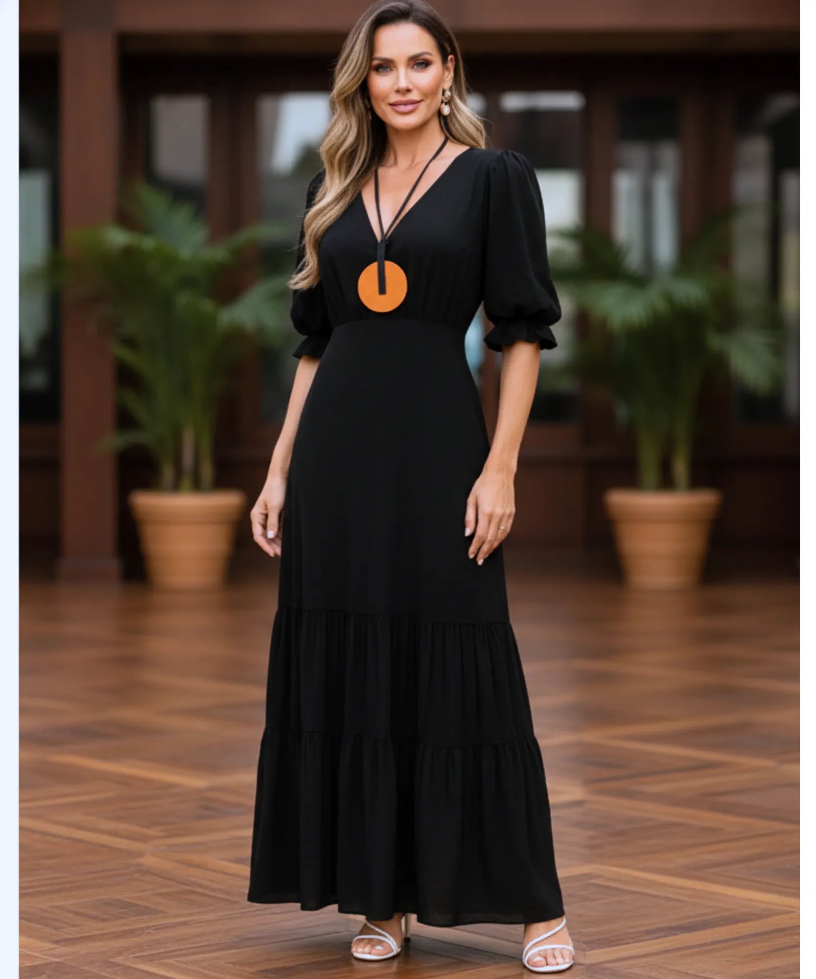 Comprar vestido longo preto feminino manga curta babados elegante para festa social barato em promoção ZARA
