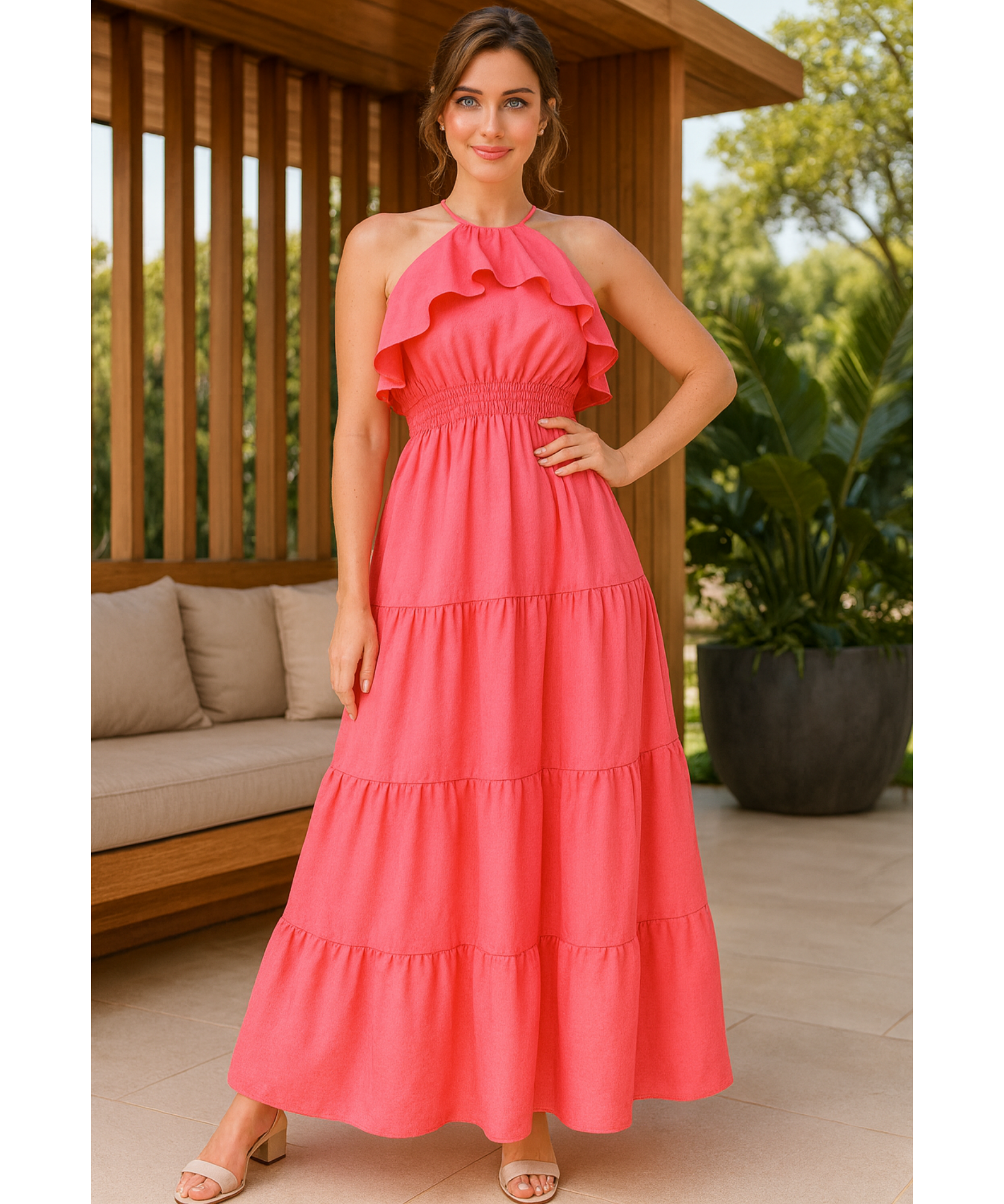 Comprar vestido longo rosa babados feminino elegante festa casamento formatura barato promoção ZARA
