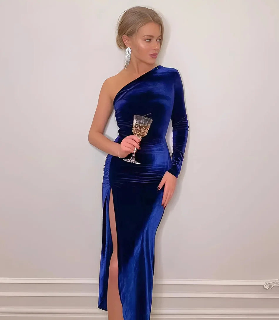 Comprar Vestido de Festa Longo de Veludo Azul Marinho - Anellimn
