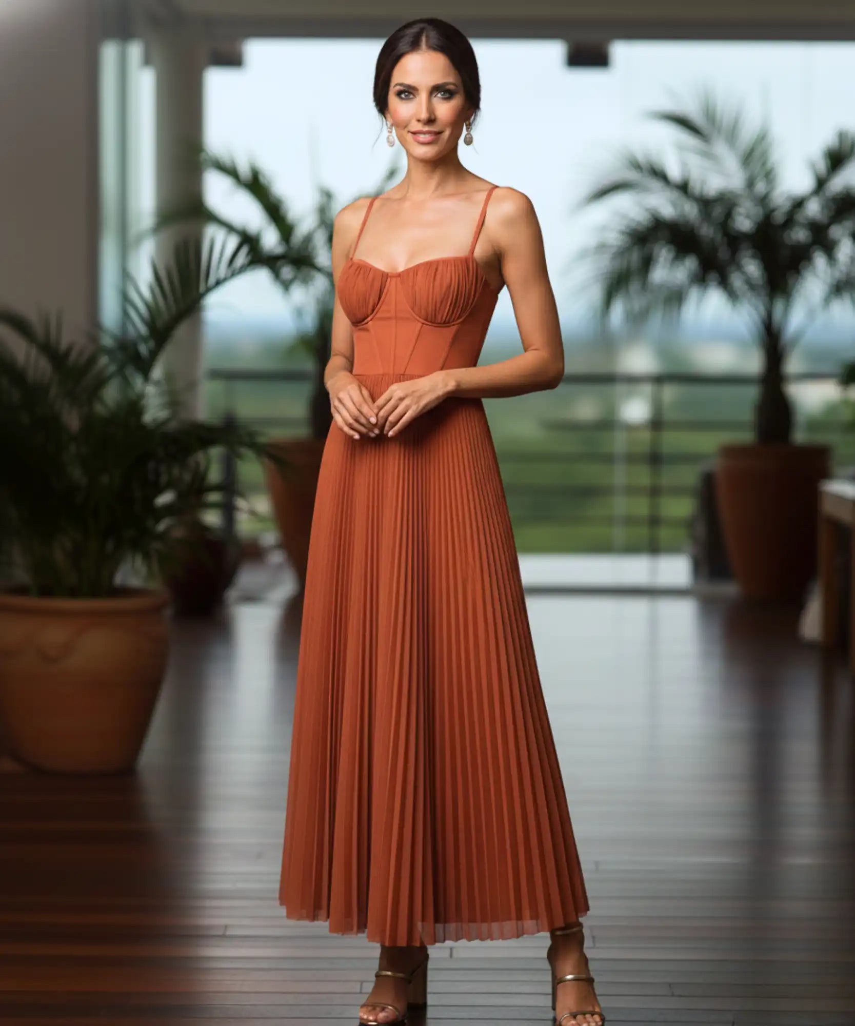 Comprar vestido longo verde plissado com alças finas para casamentos formaturas e eventos especiais em promoção LADY DRESS