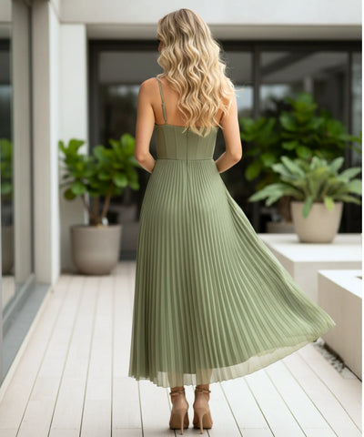 Comprar vestido longo verde plissado com alças finas para casamentos formaturas e eventos especiais em promoção LADY DRESS