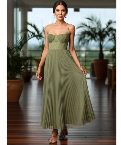 Comprar vestido longo verde plissado com alças finas para casamentos formaturas e eventos especiais em promoção LADY DRESS