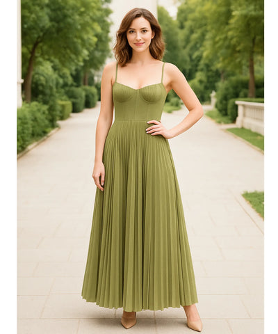 Comprar vestido longo verde plissado com alças finas para casamentos formaturas e eventos especiais em promoção LADY DRESS

