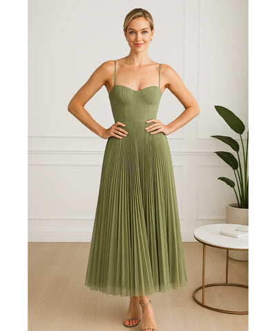 Vestido Longo Verde Plissado Alças Finas Festa Elegante | Splires