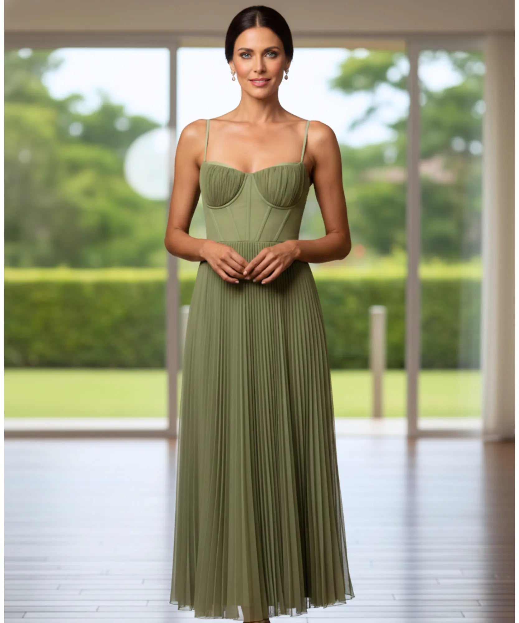 Comprar vestido longo verde plissado com alças finas para casamentos formaturas e eventos especiais em promoção LADY DRESS