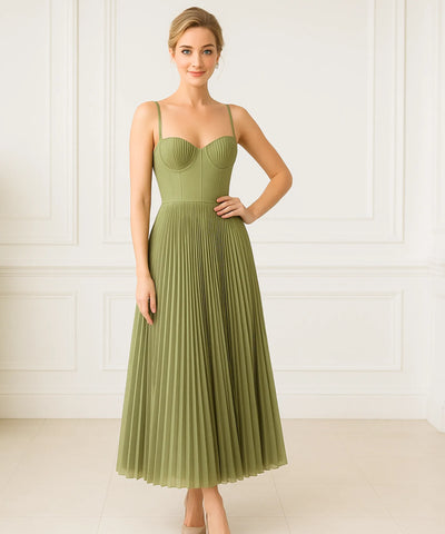 Vestido Longo Verde Plissado Alças Finas Festa Elegante | Splires