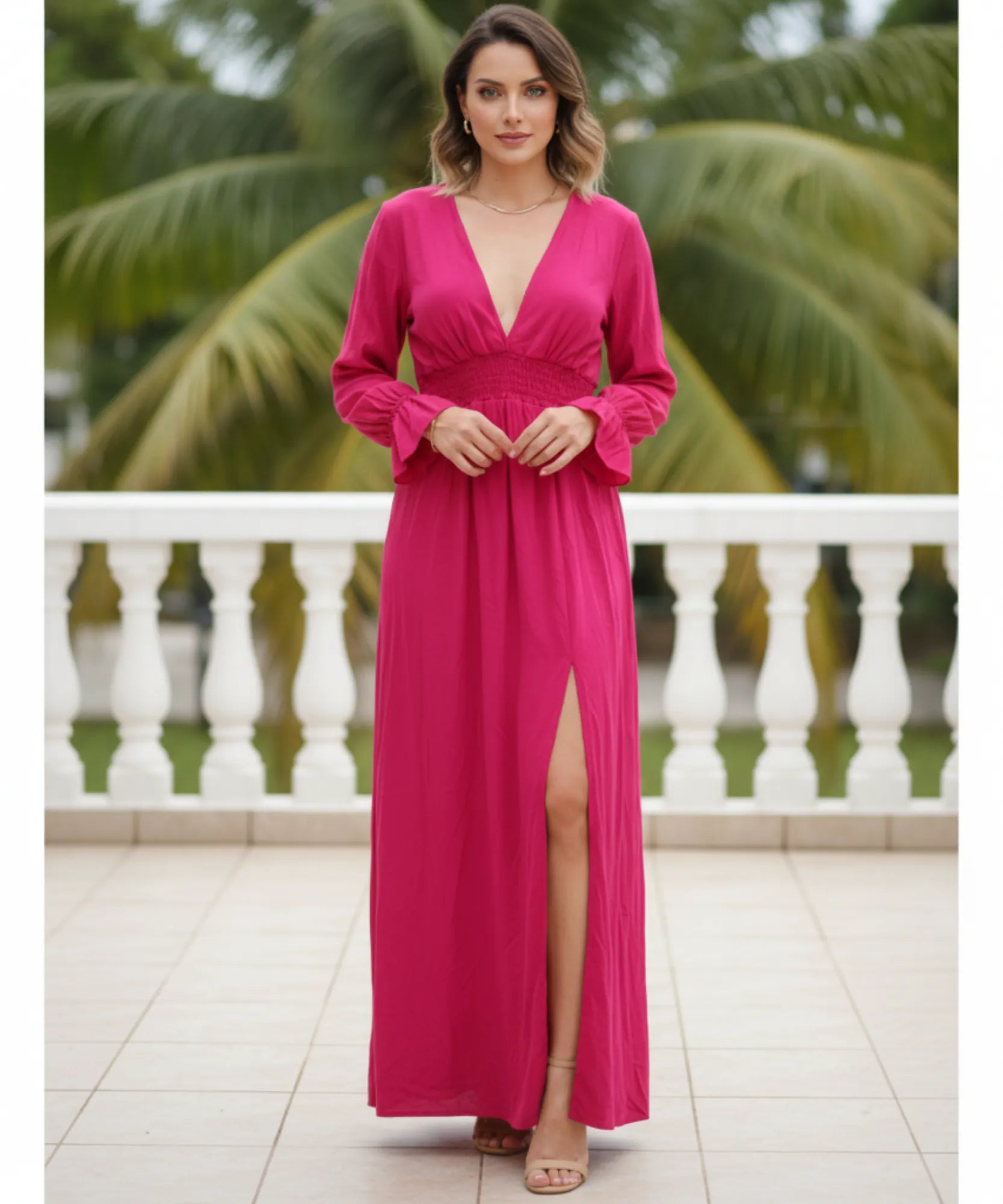 Comprar vestido longo viscolinho feminino manga bufante decote V festa casamento elegante em promoção LADYDRESS