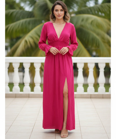 Comprar vestido longo viscolinho feminino manga bufante decote V festa casamento elegante em promoção LADYDRESS